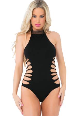 PL20027 Sexy Slit n Spin Bodysuit Negro Corte