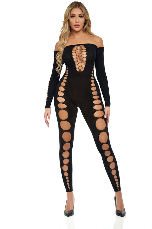 Black Cut Out Long Sleeve Bodystocking 