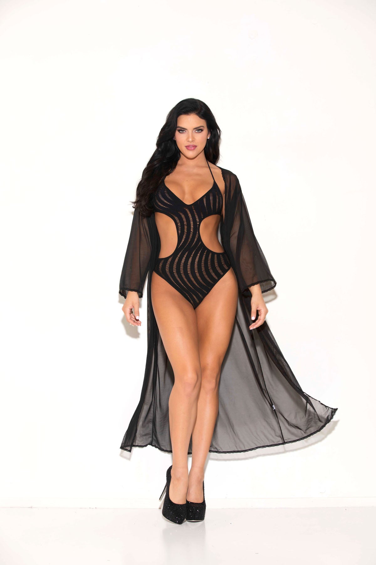 GL37534 3/4 Sleeve Mesh Robe Black GLITTER Bedroom Wear Lingerie