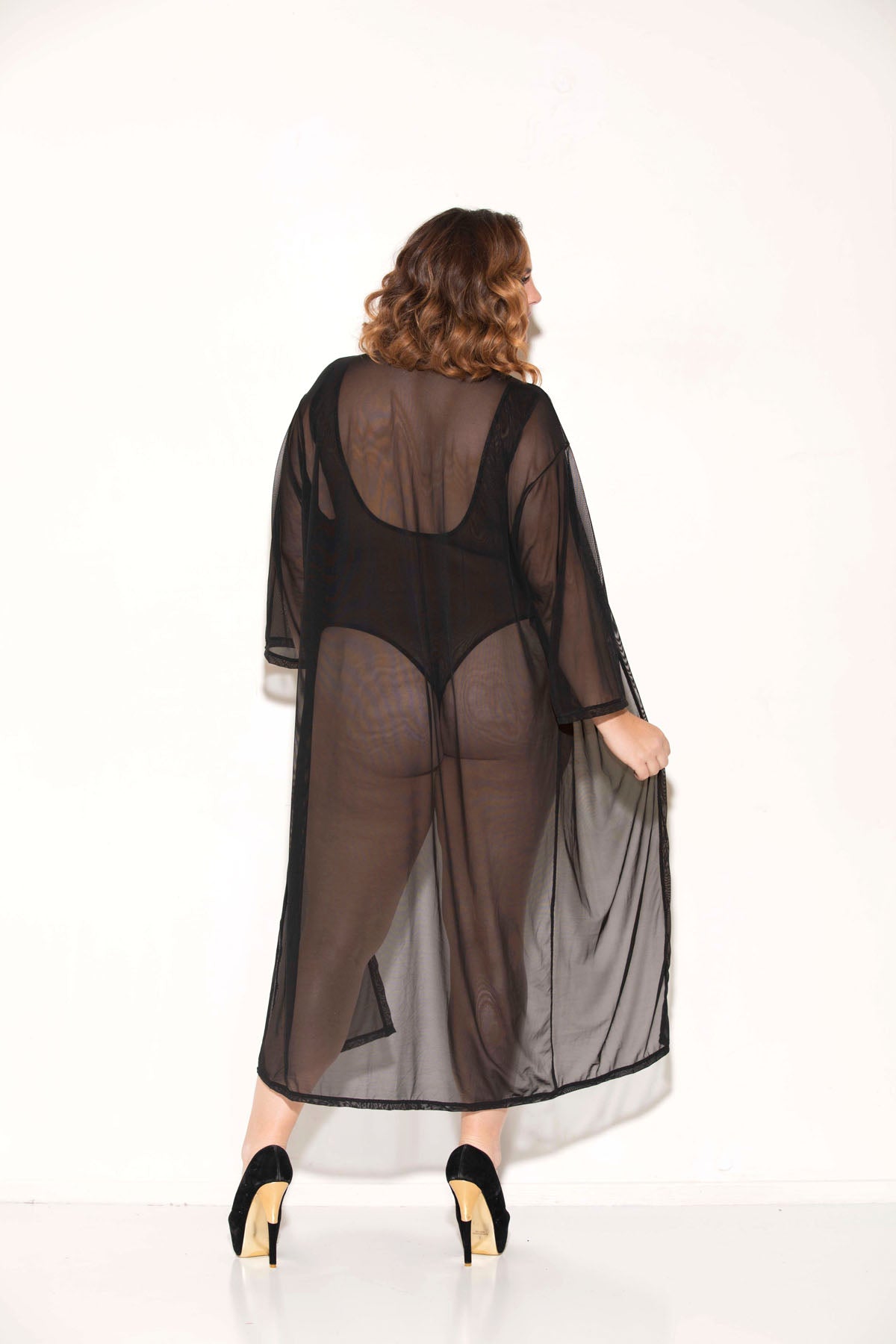 GL37534X GLITTER Glitter 3/4 Sleeve Mesh Robe Black