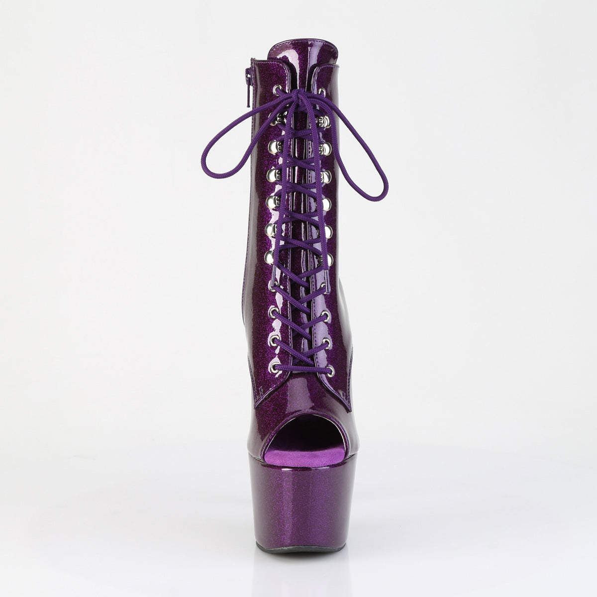 Adore-1021GP Pleaser Purple Glitter Lace Lace Up Platform Peep Toble Boots