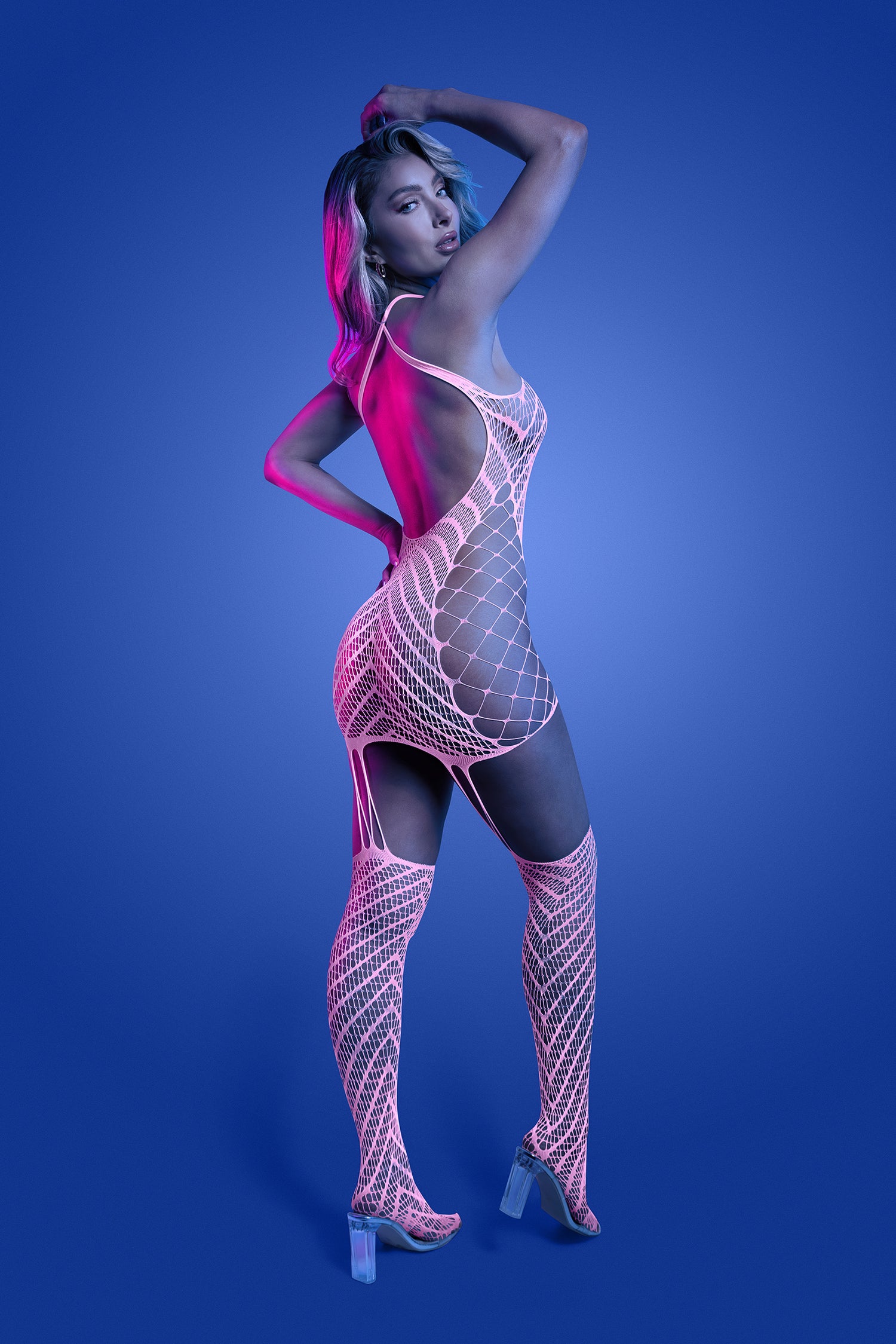 FL-GL2550 METAMORPHIC Glow-in-the-dark bodystocking dress; glows pink