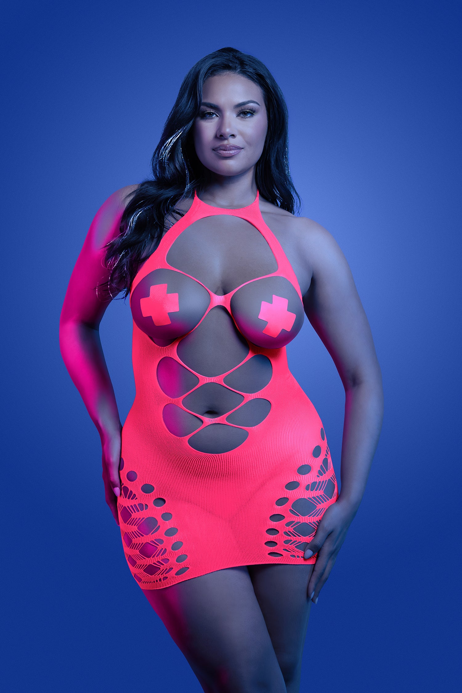 FL-GL2553 APHRODISIAC UV reactive open bodice halter dress and one pair of pasties
