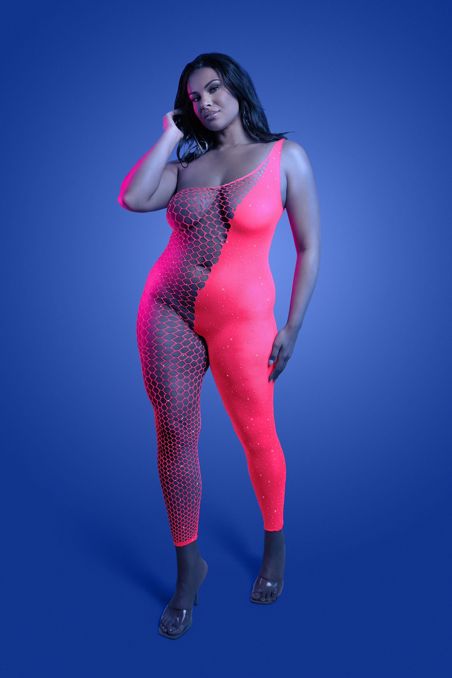 FL-GL2554 HYPERDRIVE UV reactive rhinestone knit asymetrical bodystocking