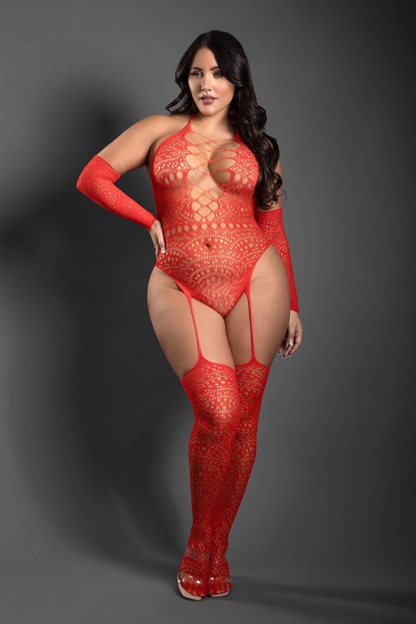 FL-SF1004 SECRET RENDEZVOUS Crotchless halter tie teddy bodystocking and fingerless gloves