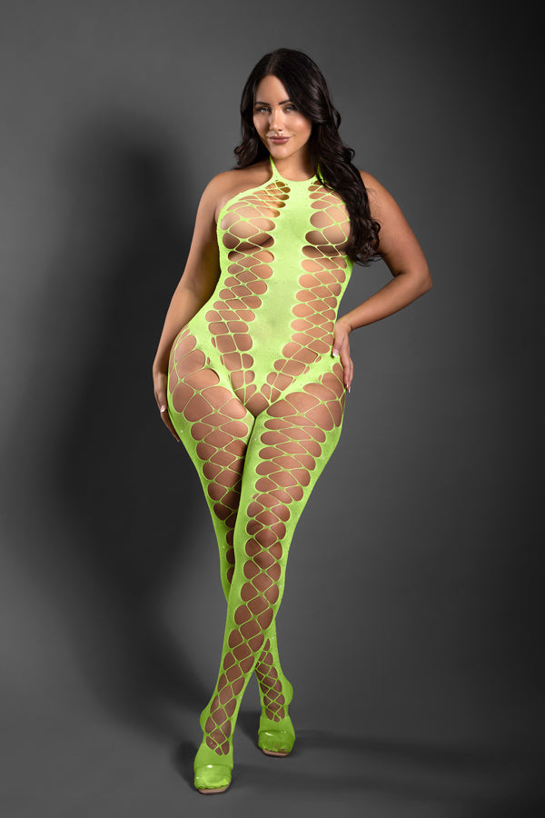 FL-SF1005 UNSTOPPABLE Crotchless rhinestone knit halter bodystocking
