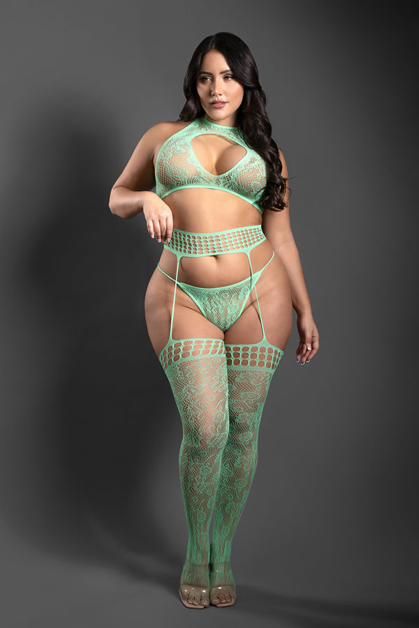 FL-SF1006 HEART OF GLASS Lace knit halter tie top, g-string panty and gartered stockings