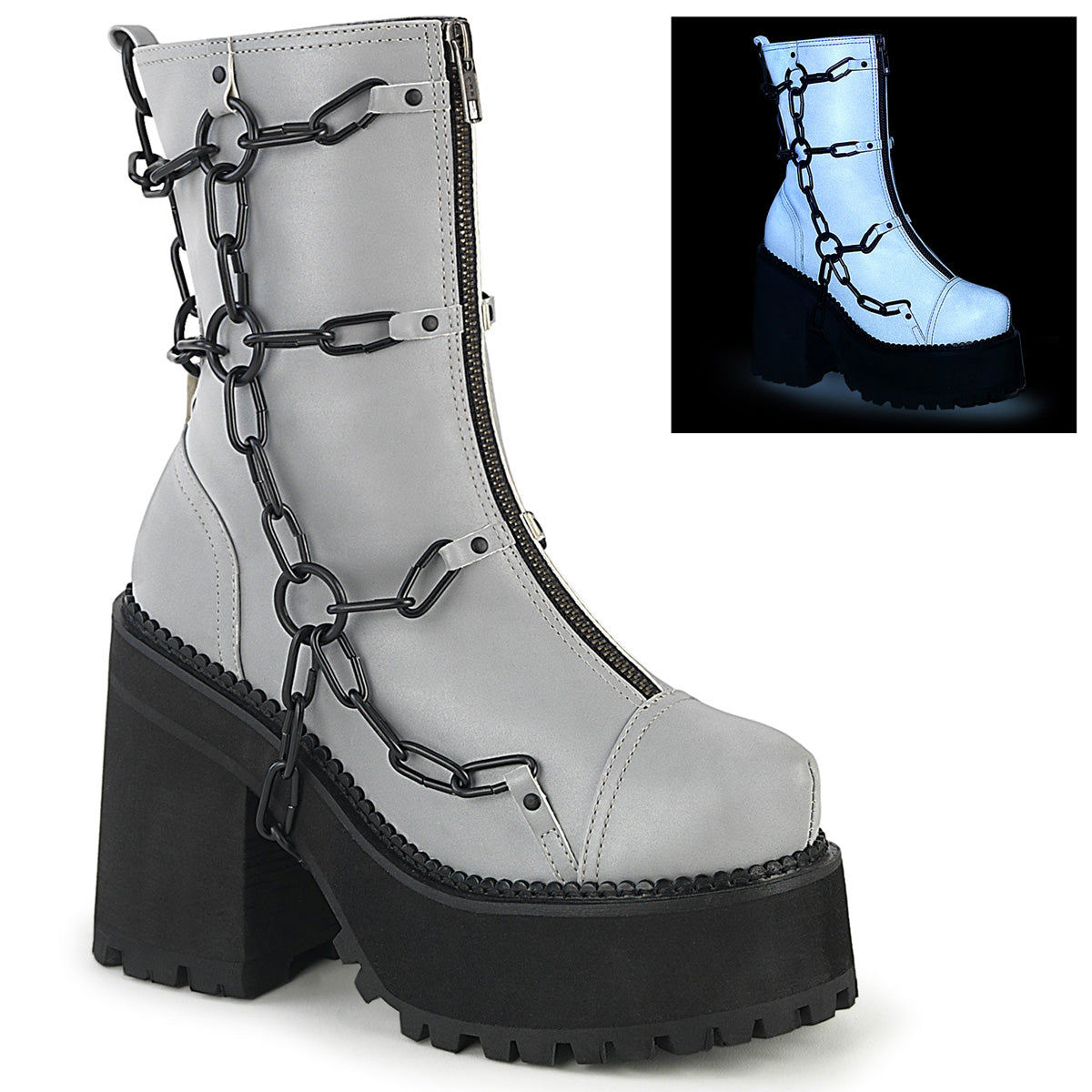 Grey Reflective 4.8 Inch Alternative Women's Ankle Boots - Demonia Cult ASSAULT-66