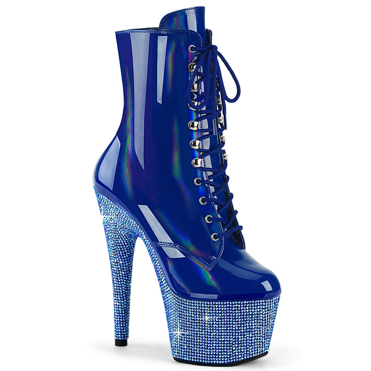 Bejeweled-1020-7 Pleaser Blue Holo Pat/Blue AB RS Platform Boots (baile exótico)