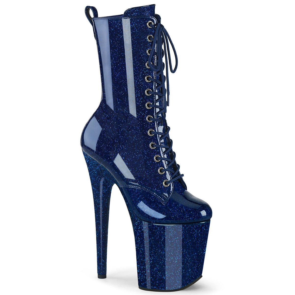 FLAMINGO-1040GP Pleaser Navy Glitter Patent Lace Up Front Ankle Boots
