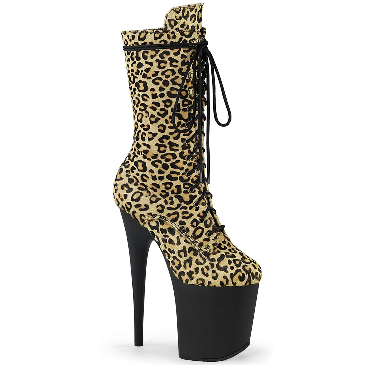 Flamingo-1050LP Pleaser Ankle/Mid-Calf Boots Leopard Pony Cabello/Plataformas Mates negras (baile exótico)