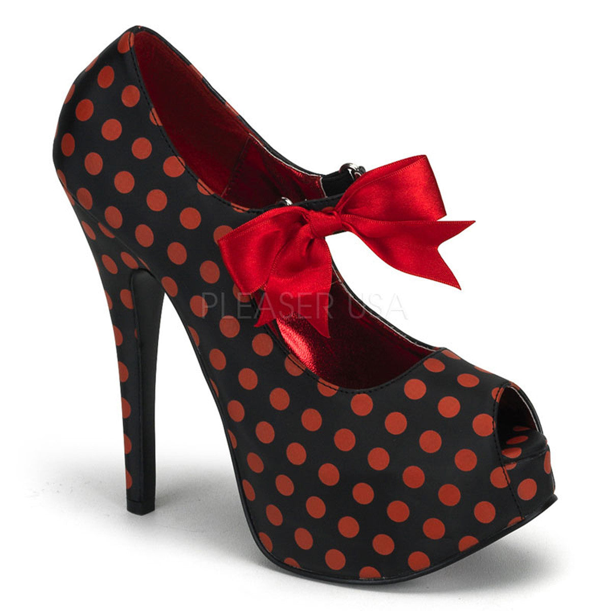 TEE25 Black and Red Polkadot High Heels with Peep Toes