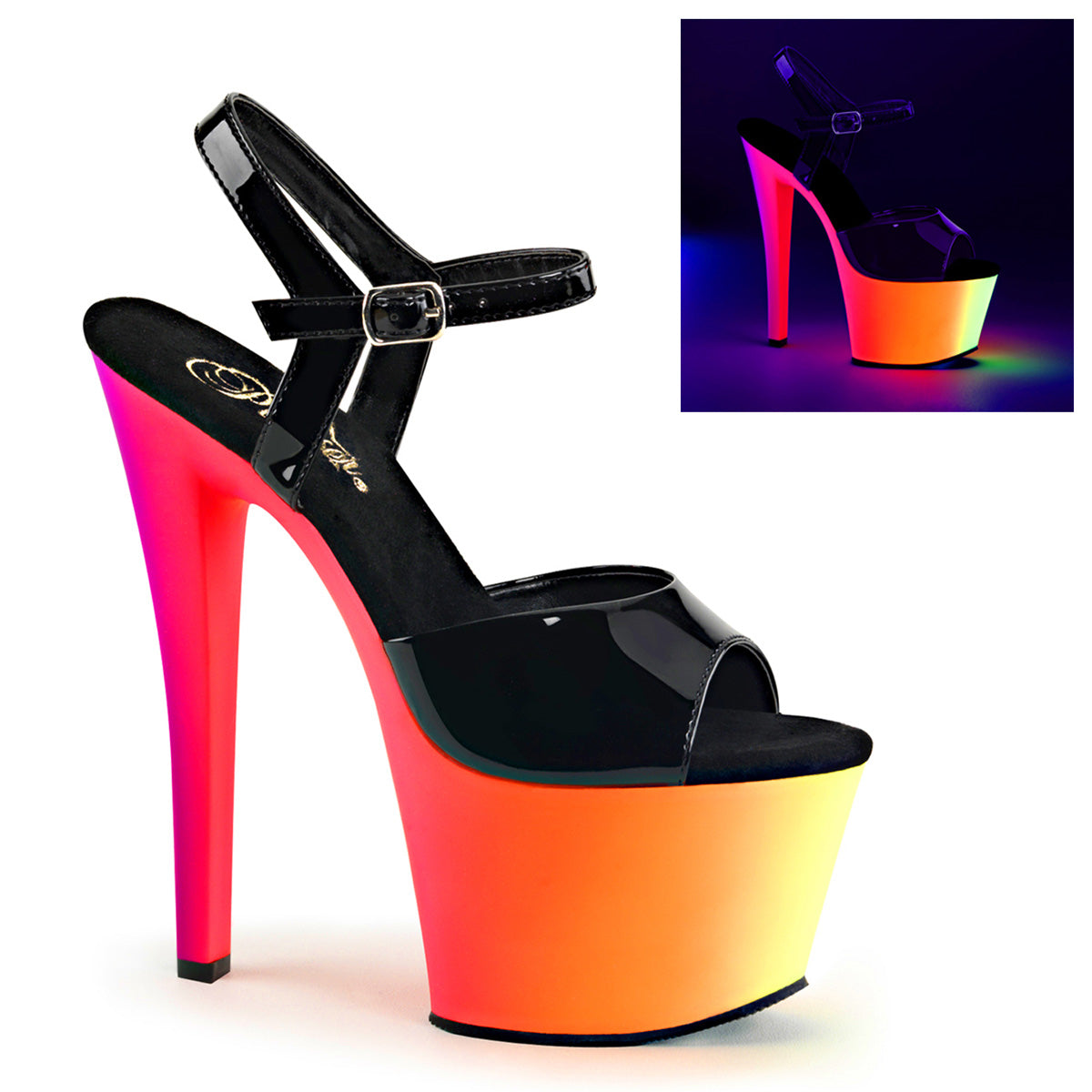 Black Neon 7 Inch Fetish Pole Platform Shoes - Pleaser RAINBOW-309UV