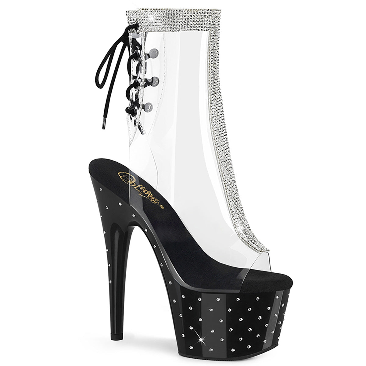 Stardust-1018C-2RS Pleasers Clear Perspex Rhinestone Black Platform Boots