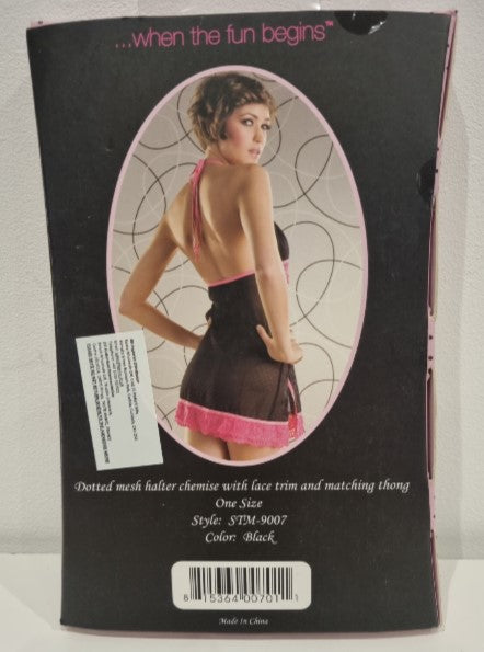 STM9007 Black Sheer Chemise with Pink Lace Trim