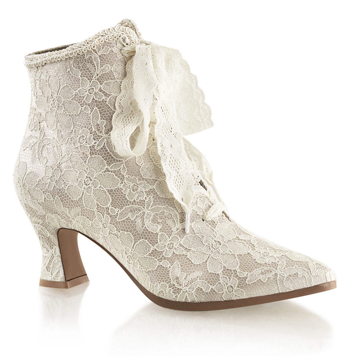 Victoriaans-30 Fabulicicious 3 inch Heel Champaign Satin Lace Boots