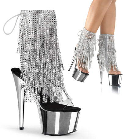 ADORE-1017RSF 7" Heel Clear Silver Bling Tassel Chrome Ankle Boots