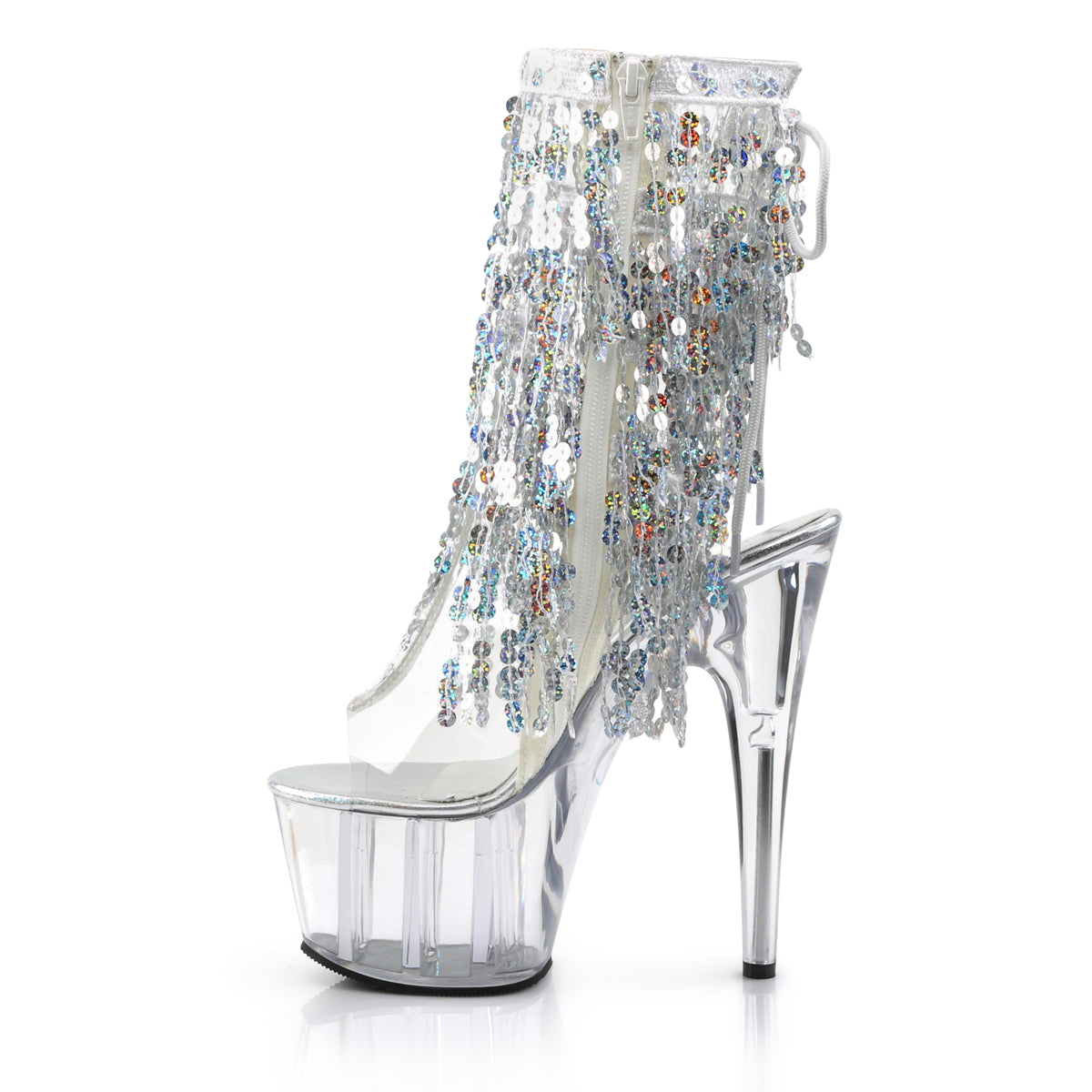 adore 1017sqf pleaser kinky sequin boots 7 inch heel with platforms open toe back silver ankle boots
