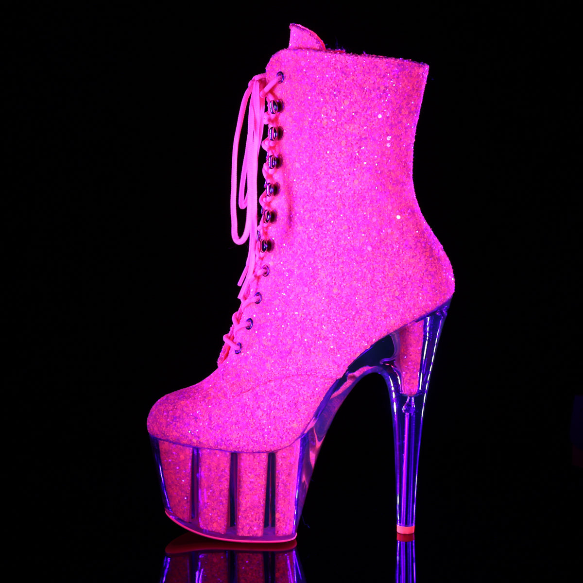 adore 1020g pleaser glitter lace up platforms ankle boots w side zip pink glitter
