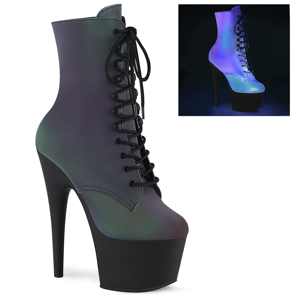 ADORE-1020REFL Pleaser 7" Heel Green Multi Reflective Ankle Boots
