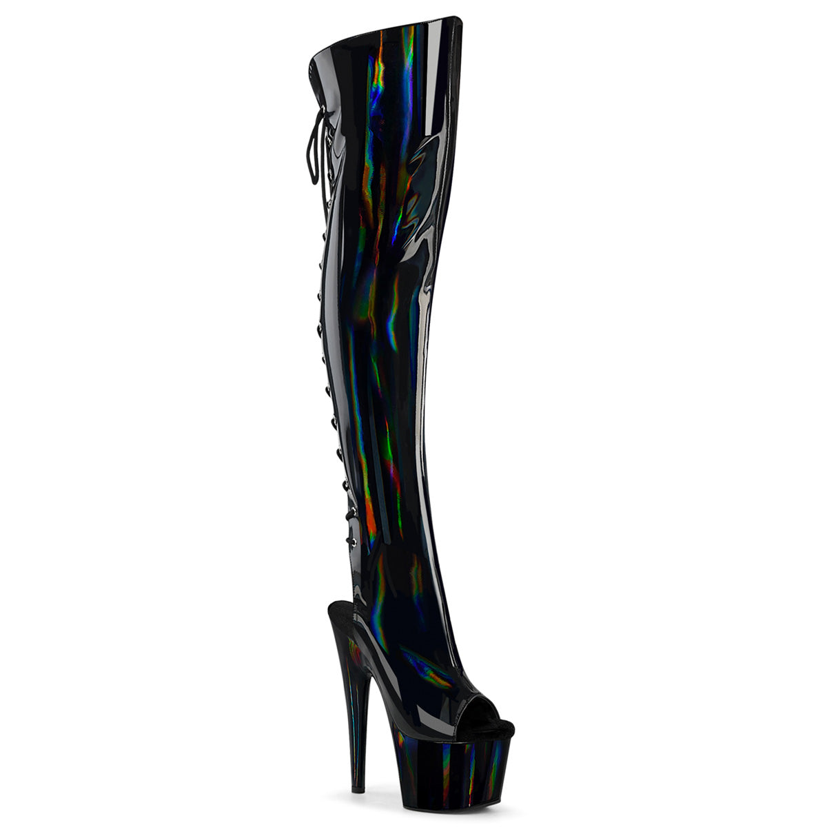 ADORE-3019HWR Pleaser Blsck Holograhic Pole Dancing Peep Toe Thigh High Boots