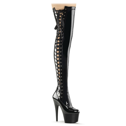 ADORE-3050 Pleaser 7" Black Stretch Patent Pole Dancer Kinky Thigh High Boots