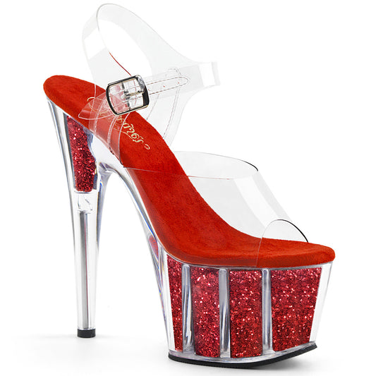 ADORE-708G 7" Heel Clear and Red Glitter Exotic Dancer Shoes-Pleaser- Sexy Shoes