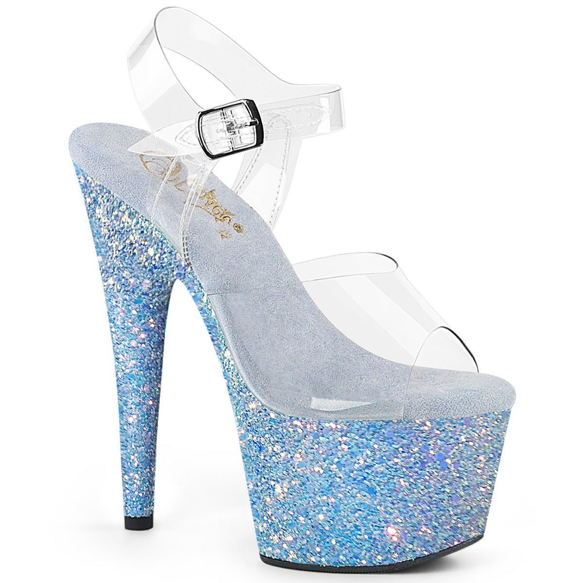 ADORE-708LG Pleaser 7 Inch Baby Blue Glitter Platform High Heel Sandals