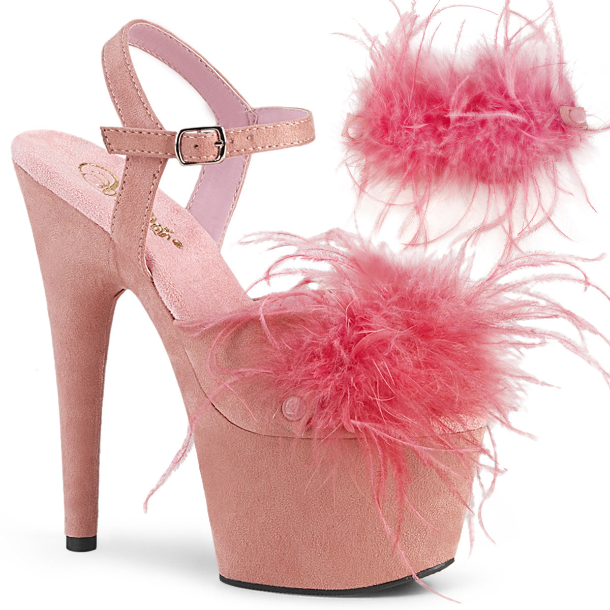 ADORE-709F Pleasers 7 Inch Heel Baby Pink Feather Exotic Dancing Heels