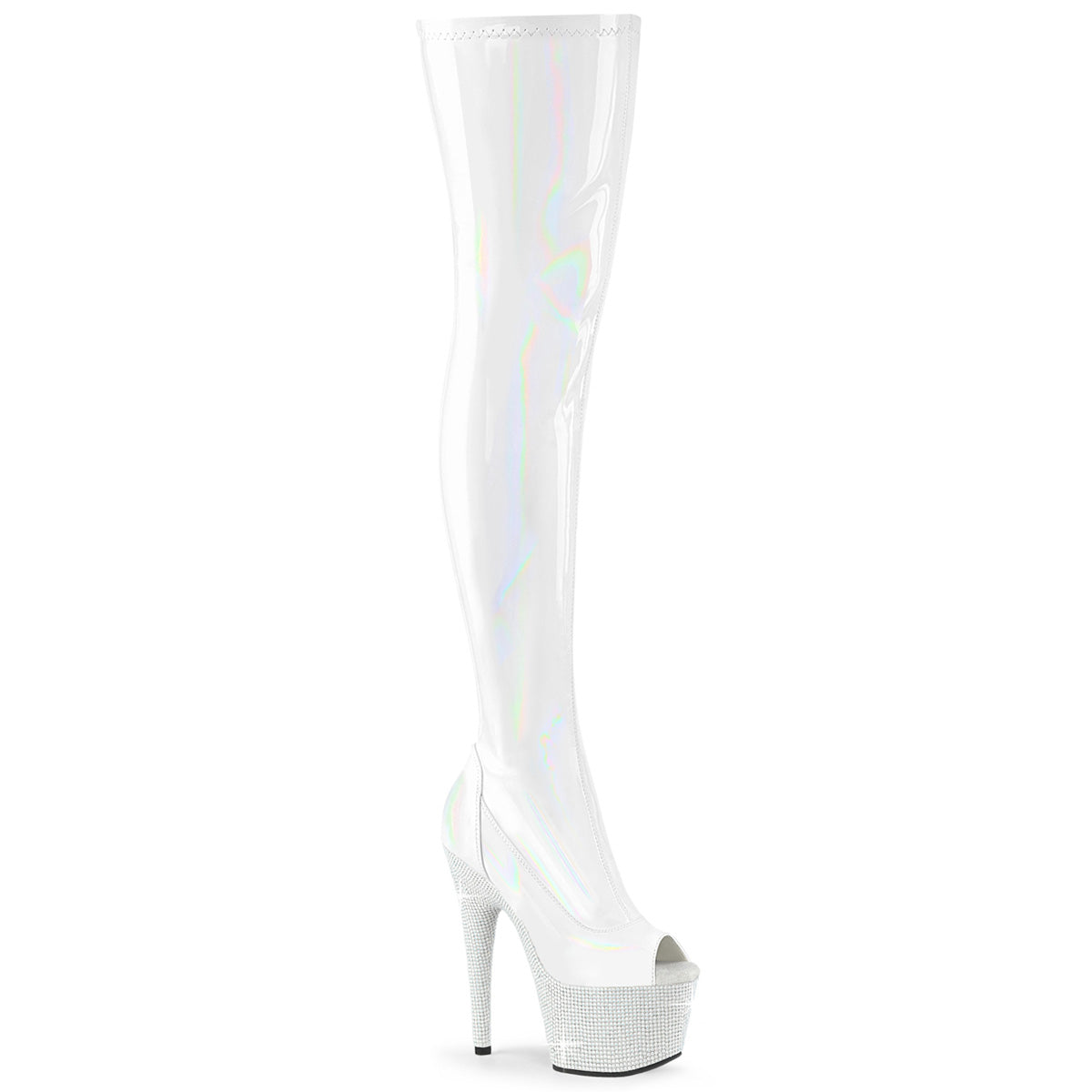 BEJEWELED-3011-7 Pleaser White Str Holo Pat/Wht Rhinestones Platforms (Exotic Dancing)