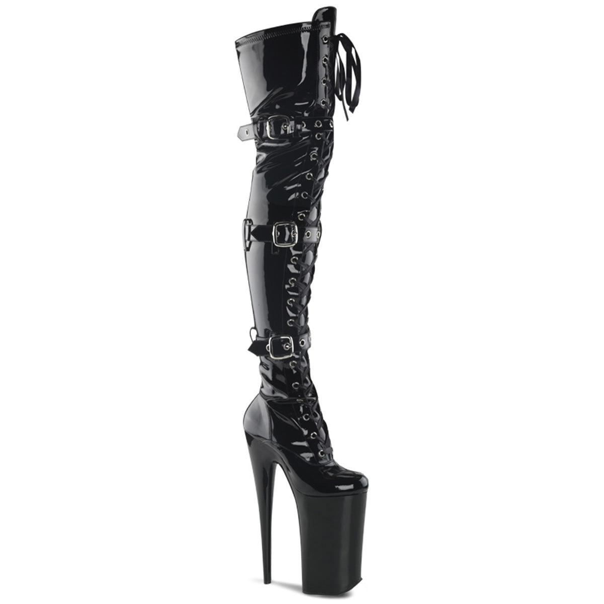 BEYOND-3028 Sexy 10" Heel Black Patent Strippers Thigh High Boots