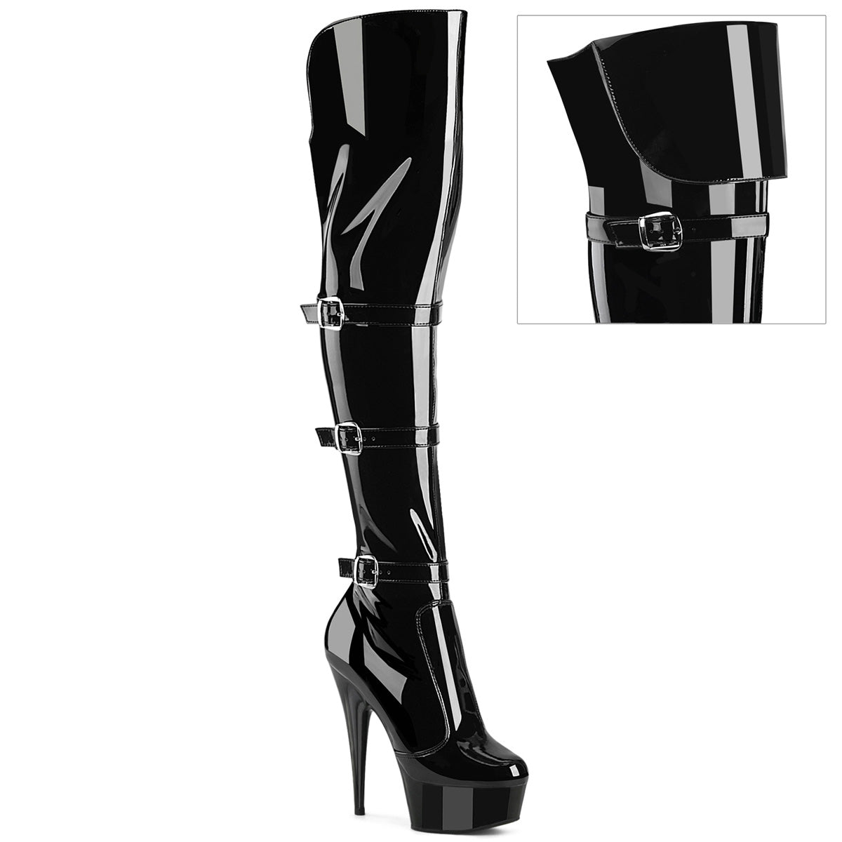 DELIGHT-3018 Pleaser Sexy Black Patent Buckle Detail Thigh High Boots