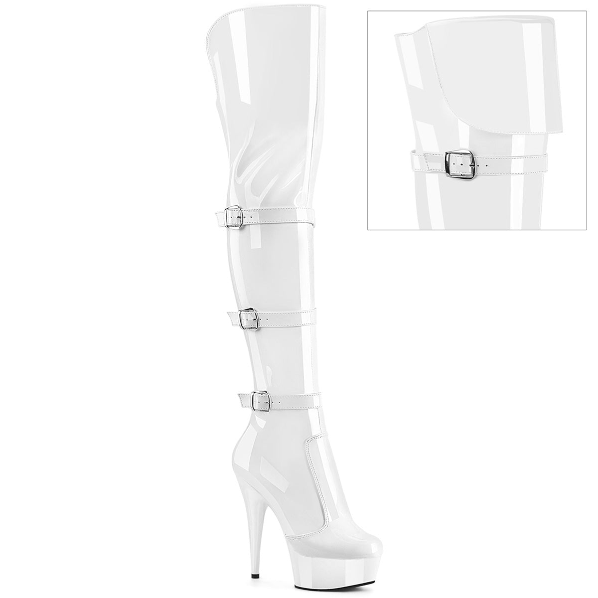 DELIGHT-3018 Pleaser Sexy White Patent Thigh High Boots with Buckles