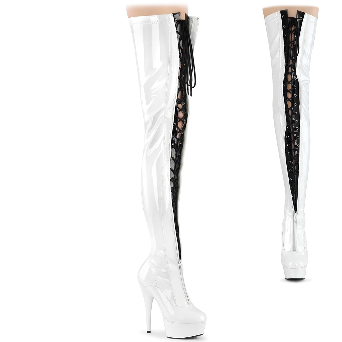 DELIGHT-3027 Pleaser Thigh High Boots Wht-Black Str. Pat/White Platforms (Exotic Dancing)