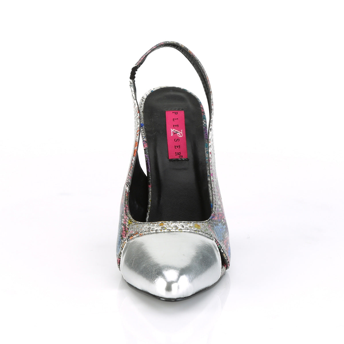 dream 405_pleaser_pink_label_single_soles_4_inch_heel_pleasers_multi color_snake_print silver_metallic_pu