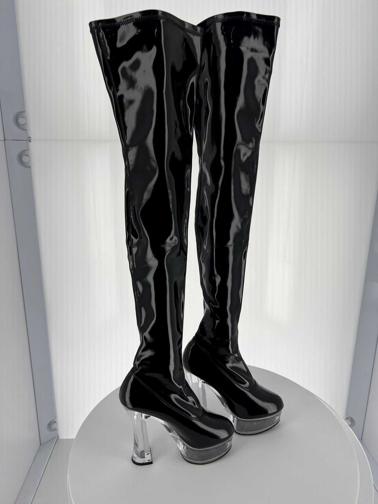 EXPOSE-3000 Pleaser Blk Stretch Patent High Heel Alternative Footwear Discontinued Sale Stock
