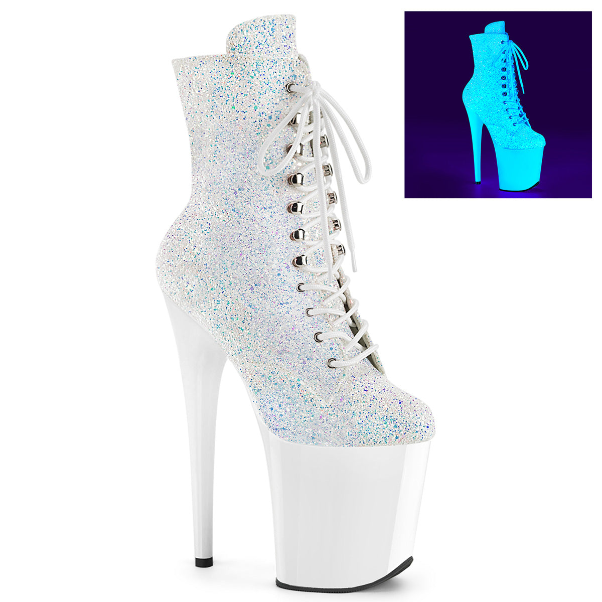 FLAMINGO-1020LG Pleaser 8 Inch Heel Neon White Glitter Ankle Boots Exotic Dancing