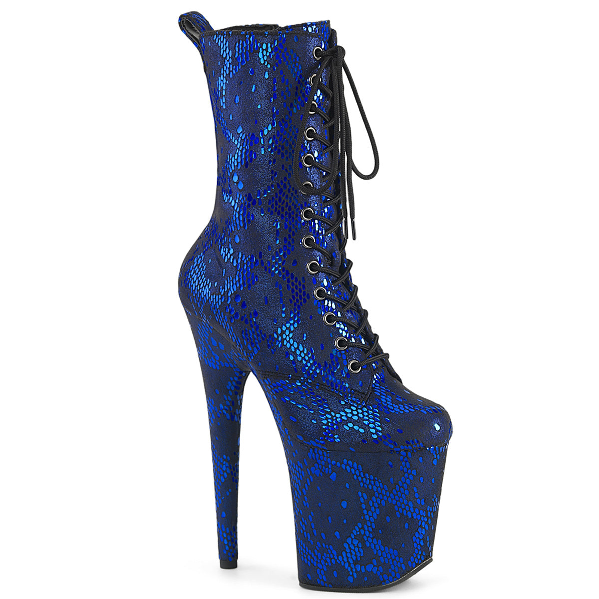 FLAMINGO-1040SPF Pleaser 8 Inch Heel Blue Metallic Snake Print Ankle Boots