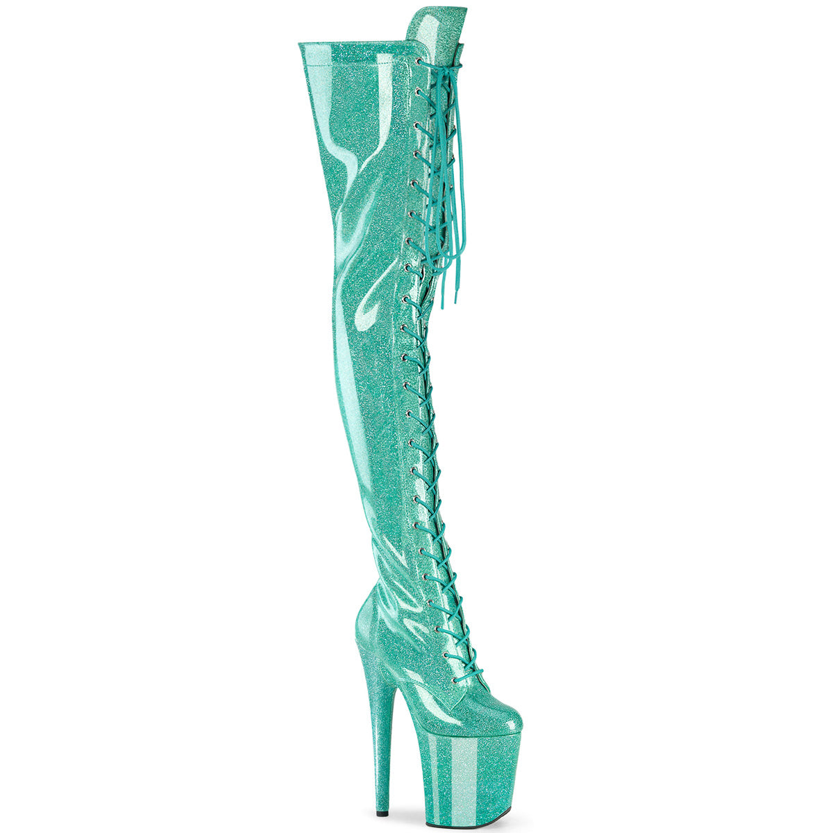 FLAMINGO-3020GP Pleaser Aqua Glitter Thigh High Platform Thigh Boots