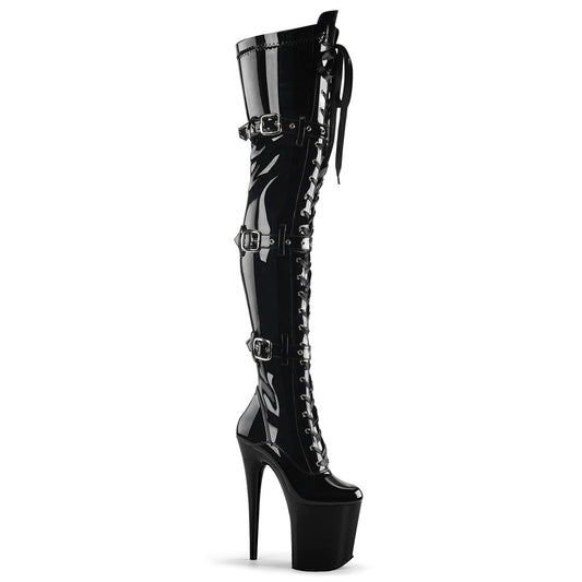 FLAMINGO-3028 8" Black Stretch Patent Pole Dancer Platform Shoes