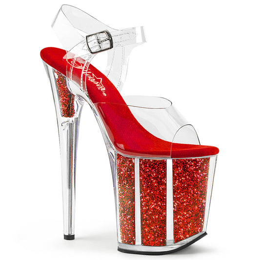 FLAMINGO-808G 8" Heel Clear Red Glitter Pole Dance Platforms-Pleaser- Sexy Shoes