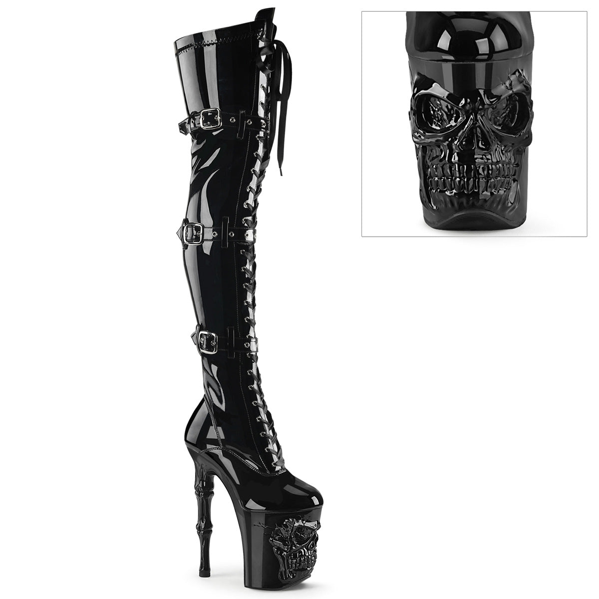 RAPTURE-3028 Pleaser Thigh High Boots Black Str. Pat/Black Platforms (Exotic Dancing)
