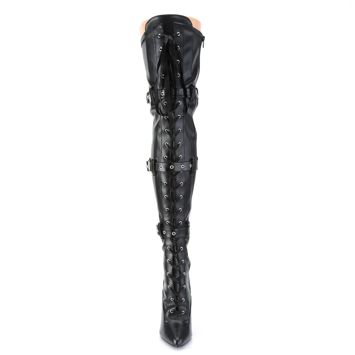 seduce 3028 pleaser sexy shoes 5 inch ribbon stretch thigh high length boots with grommet black faux leather