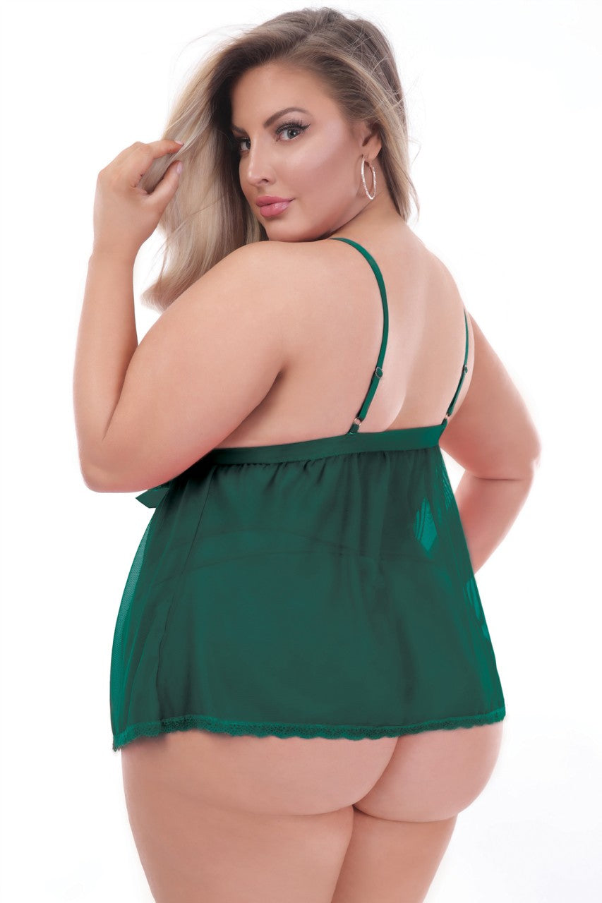 stm11210xp  Seven Til Midnight SALE Lingerie lace and mesh camidoll with front satin ribbon tie green