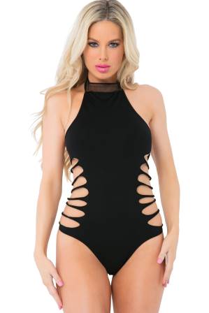 PL20027 Sexy Slit N Spin Bodysuit Black Cut Out