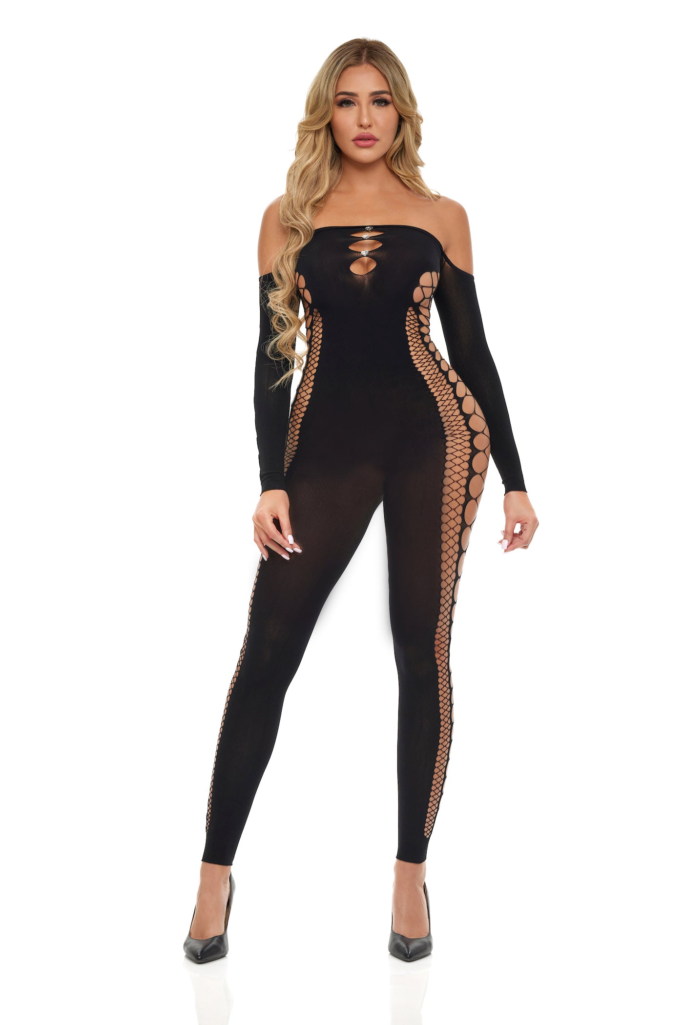 PL27057 Pink Lipstick Diamond Drippin Black Bodystocking