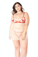 GL33008X Sexy Lingerie Heart Applique Soft Cup Mesh Babydoll