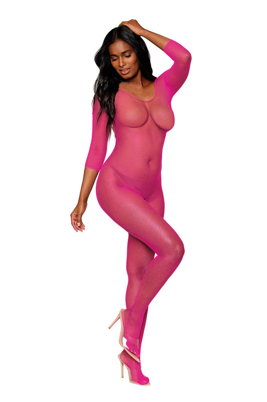 Dreamgirl Neon Pink Net Long Sleeve Bodystocking 