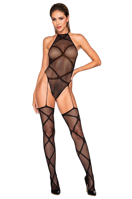 Dreamgirl Black Criss Cross Design Bodysuit with Attached Stockings 