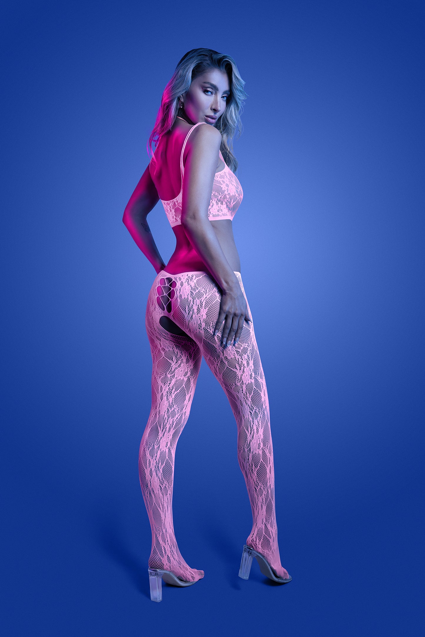 FL-GL2549 EQUILIBRIUM Glow-in-the-dark lace knit crotchless bodystocking; glows pink